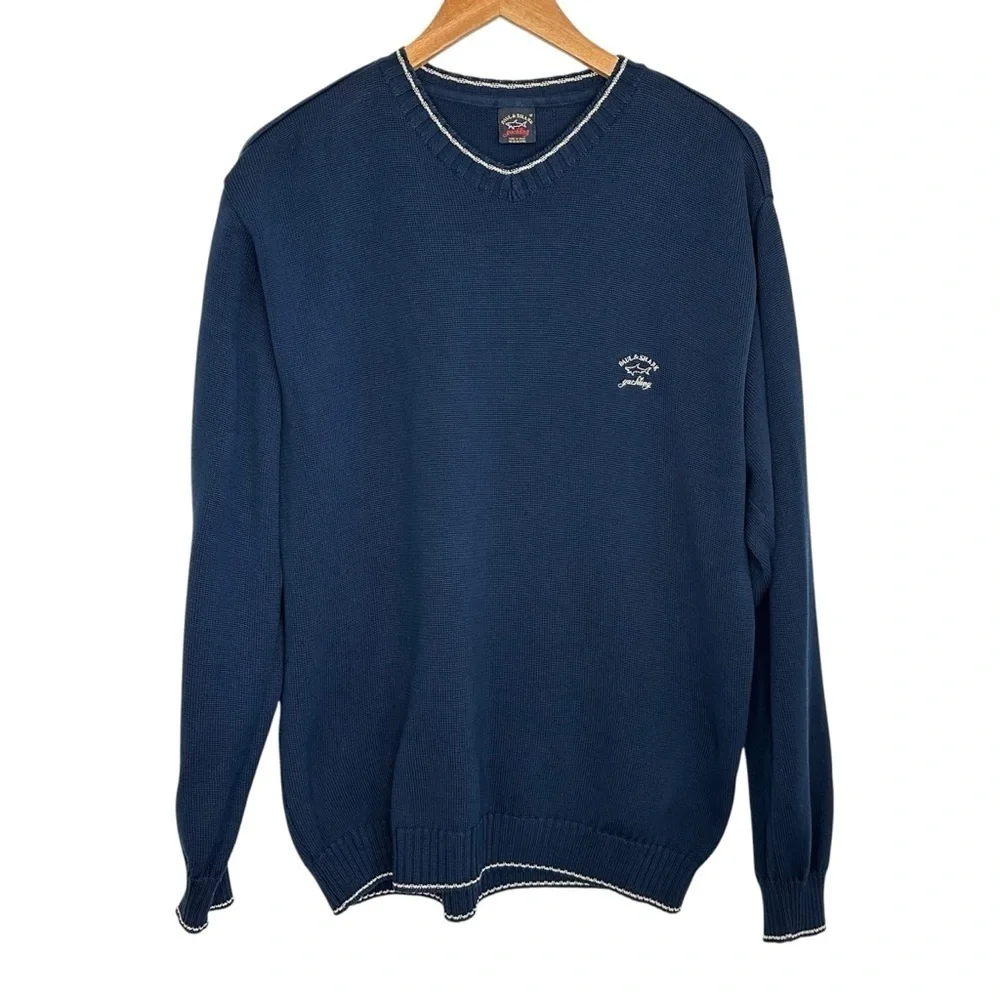 Paul & Shark Yachting Mens V Neck Cotton Sweater Sz Medium Blue Long Sleeve